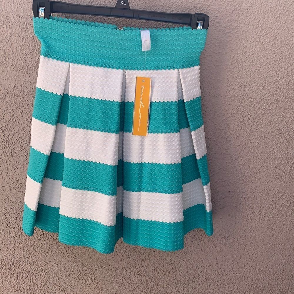 Touch Me Mini Skirt Mint Green White New Stretchy Sexy Pleated Zipper Back Small